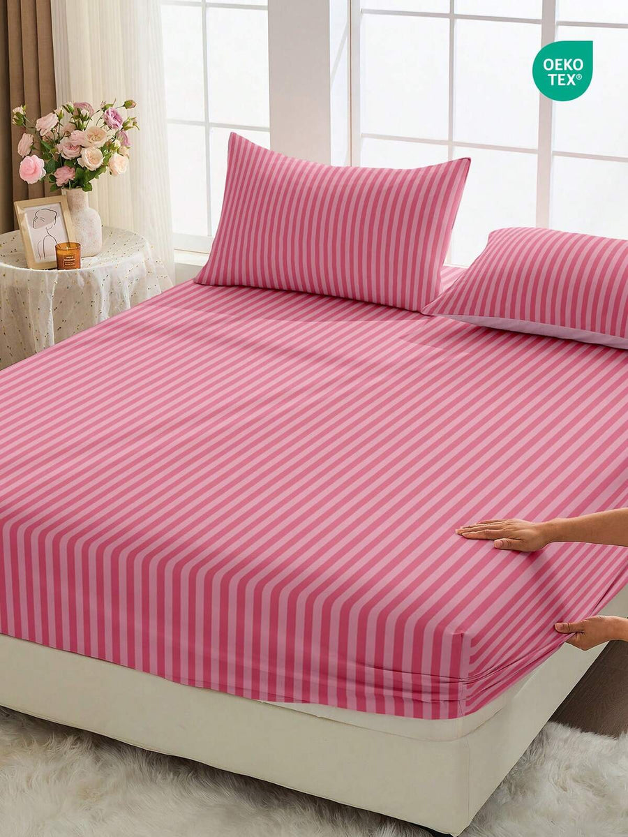 1pc Fitted Sheet, Bedding, Bed Mattress Cover, Soft & Comfortable Mattress Protector, Home Decor, Pink Striped Minimalist Fitted Sheet, Without Pillowcase, Suitable For Twin, Full, Queen, King Bed, Bedding Gift, Machine Washable, Sofa Cover, Oeko-Tex